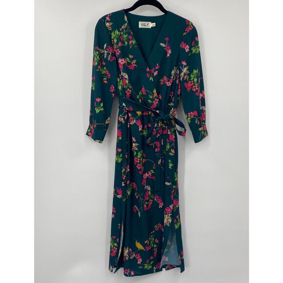Eliza J Fit & Flare Dress V Neck Surplice Floral Birds Print Midi Green Womens 0 - Picture 2 of 7